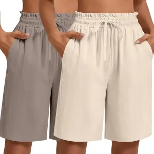 Neer 2 Pcs Women's Linen Summer Shorts Casual Bermuda Wide Leg Mid Length High Waisted Drawstring Short with Pocket