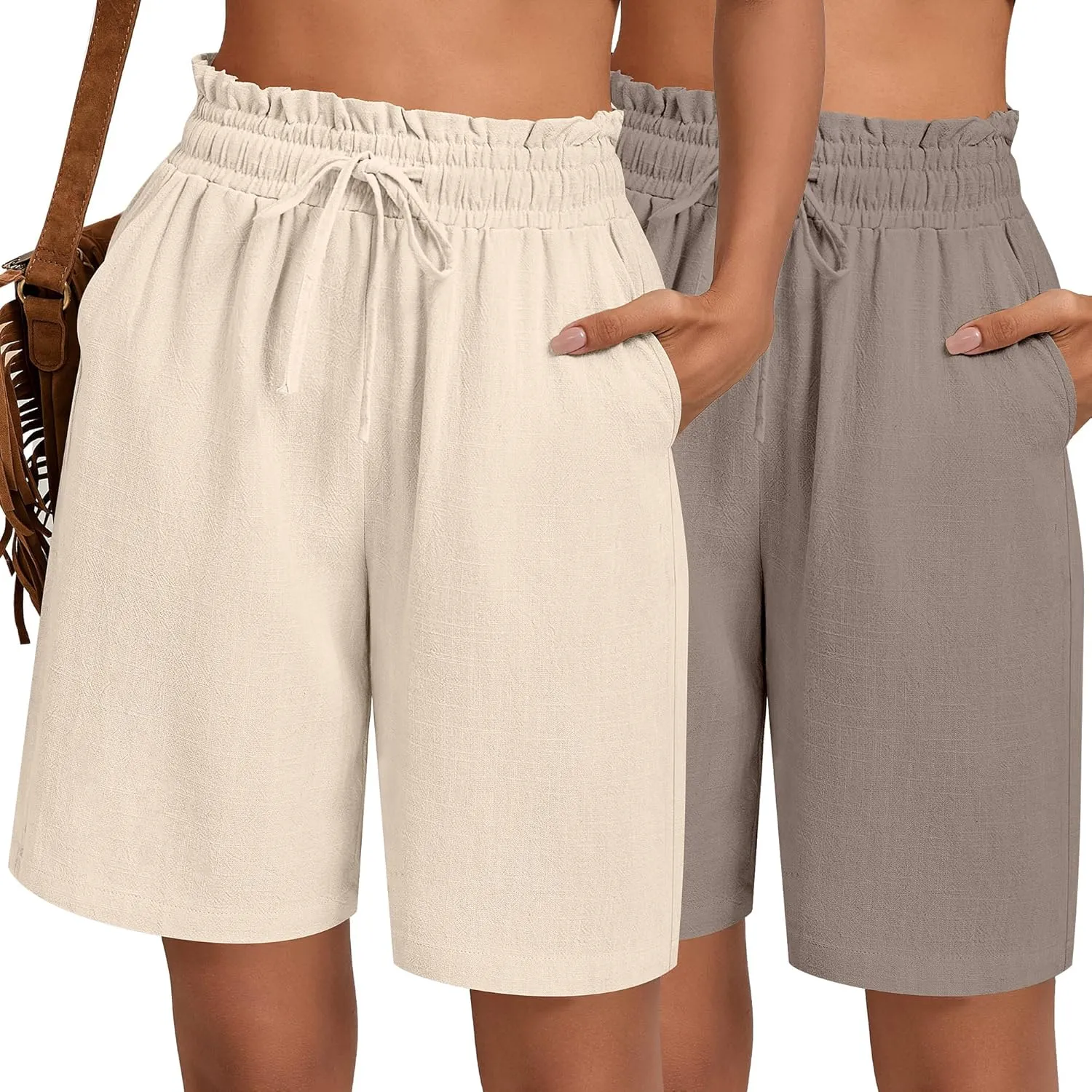 Neer 2 Pcs Women's Linen Summer Shorts Casual Bermuda Wide Leg Mid Length High Waisted Drawstring Short with Pocket