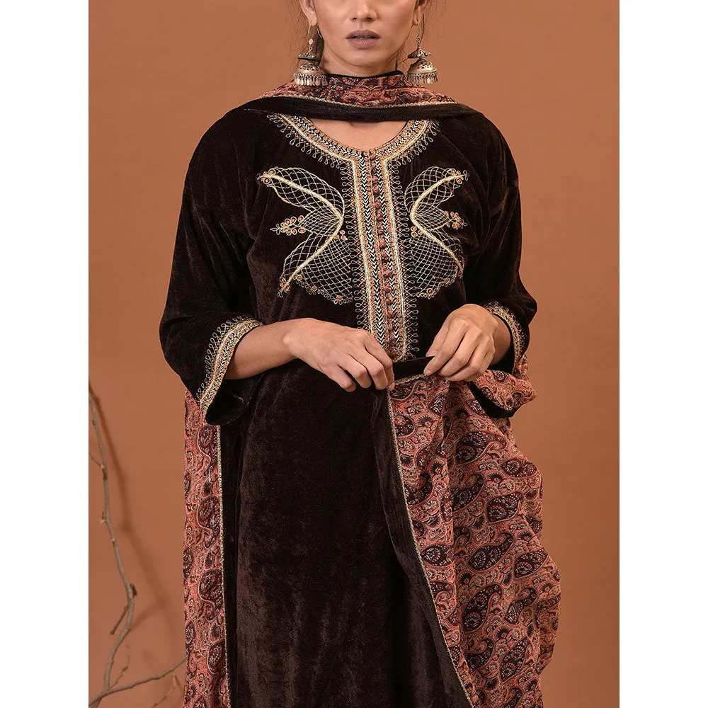 NUHH Toasted Coffee Kurta, Pant & Dupatta (Set of 3)