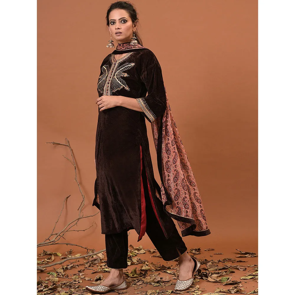 NUHH Toasted Coffee Kurta, Pant & Dupatta (Set of 3)