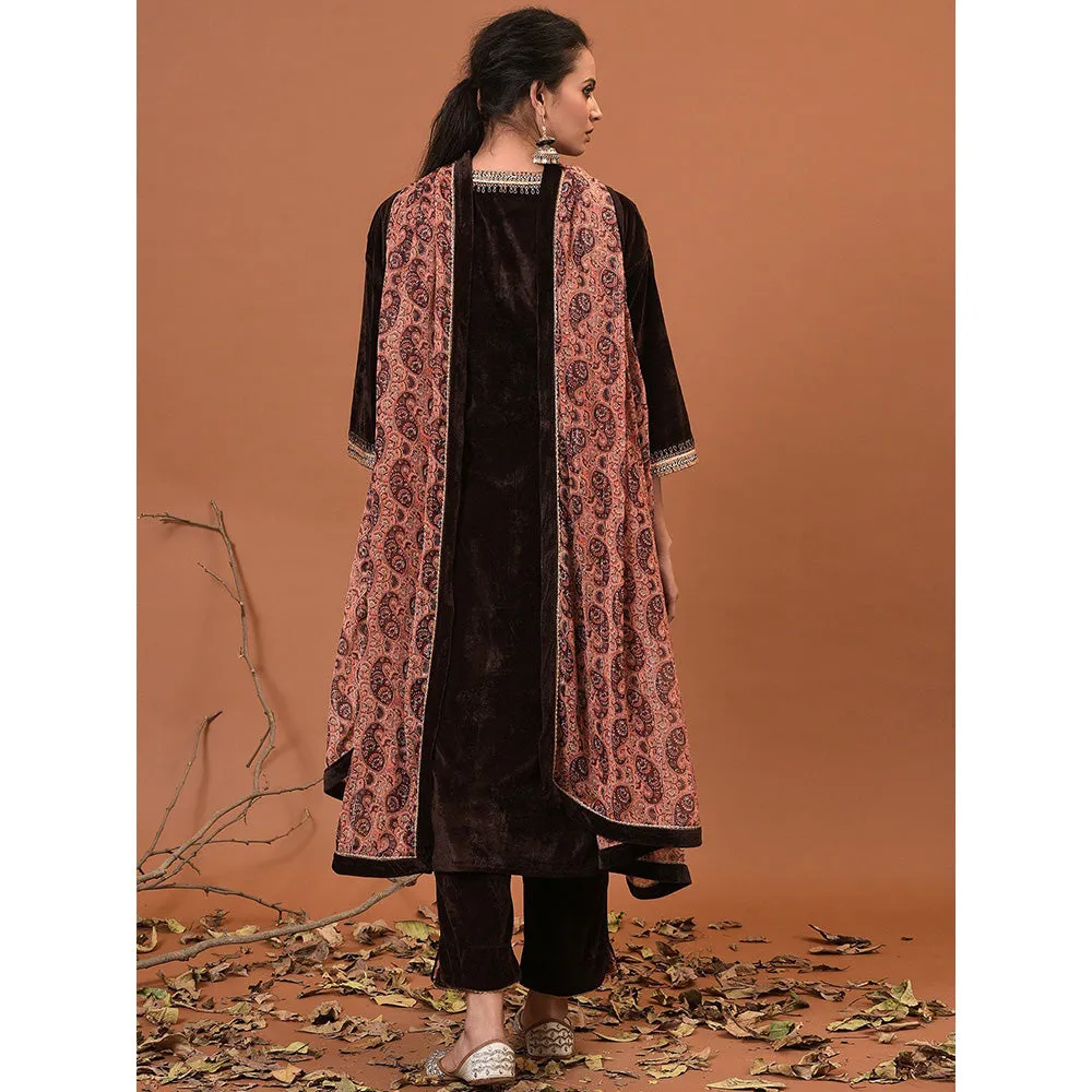 NUHH Toasted Coffee Kurta, Pant & Dupatta (Set of 3)