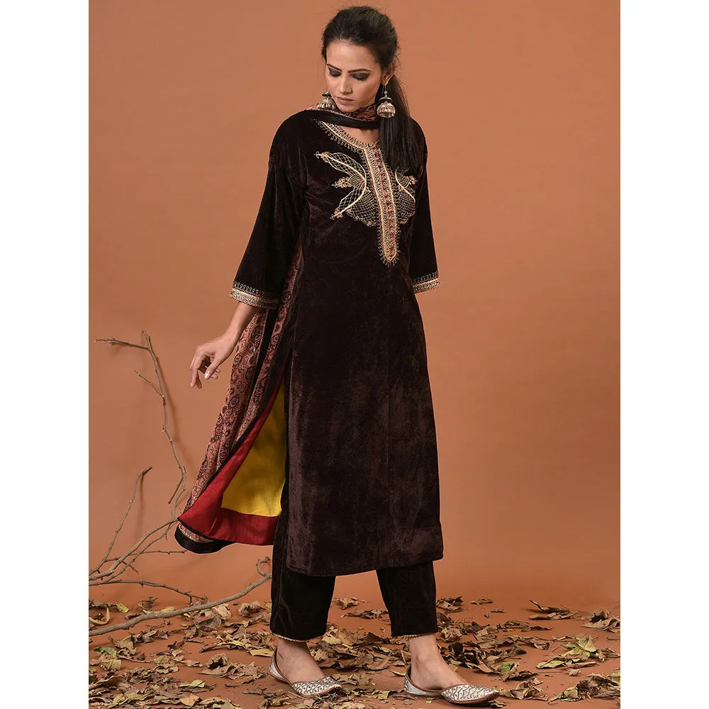 NUHH Toasted Coffee Kurta, Pant & Dupatta (Set of 3)