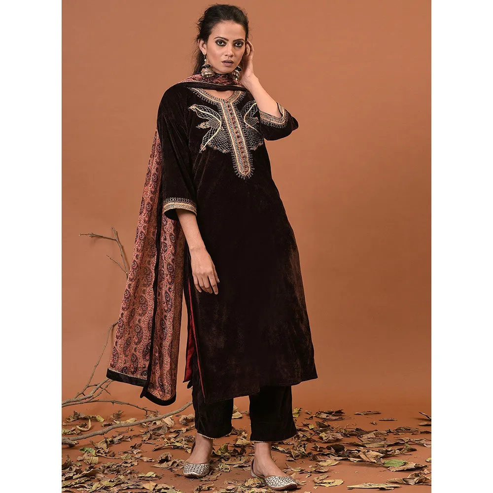 NUHH Toasted Coffee Kurta, Pant & Dupatta (Set of 3)