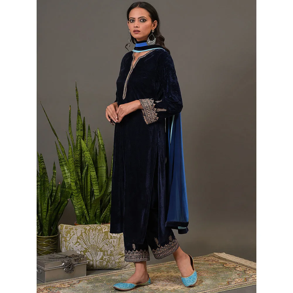 NUHH True Navy Kurta, Pant & Dupatta (Set of 3)