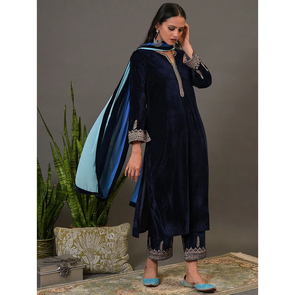 NUHH True Navy Kurta, Pant & Dupatta (Set of 3)