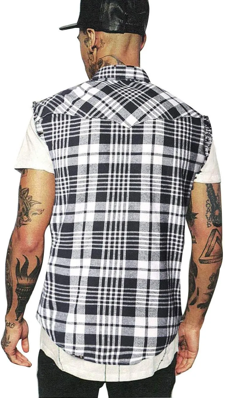 NUTEXROL Men's Casual Flannel Plaid Shirt Sleeveless Plus Size Vest