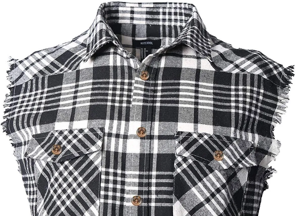 NUTEXROL Men's Casual Flannel Plaid Shirt Sleeveless Plus Size Vest