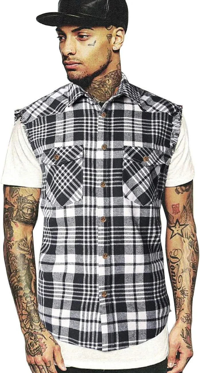 NUTEXROL Men's Casual Flannel Plaid Shirt Sleeveless Plus Size Vest