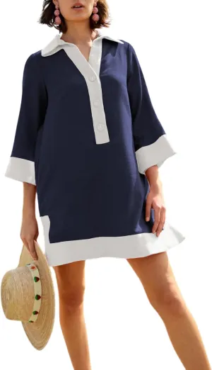 Omoone 2025 Swimsuit Coverup for Women Color Block Summer Beach Dresses V Neck Mini Linen Dress Shirts with Pockets