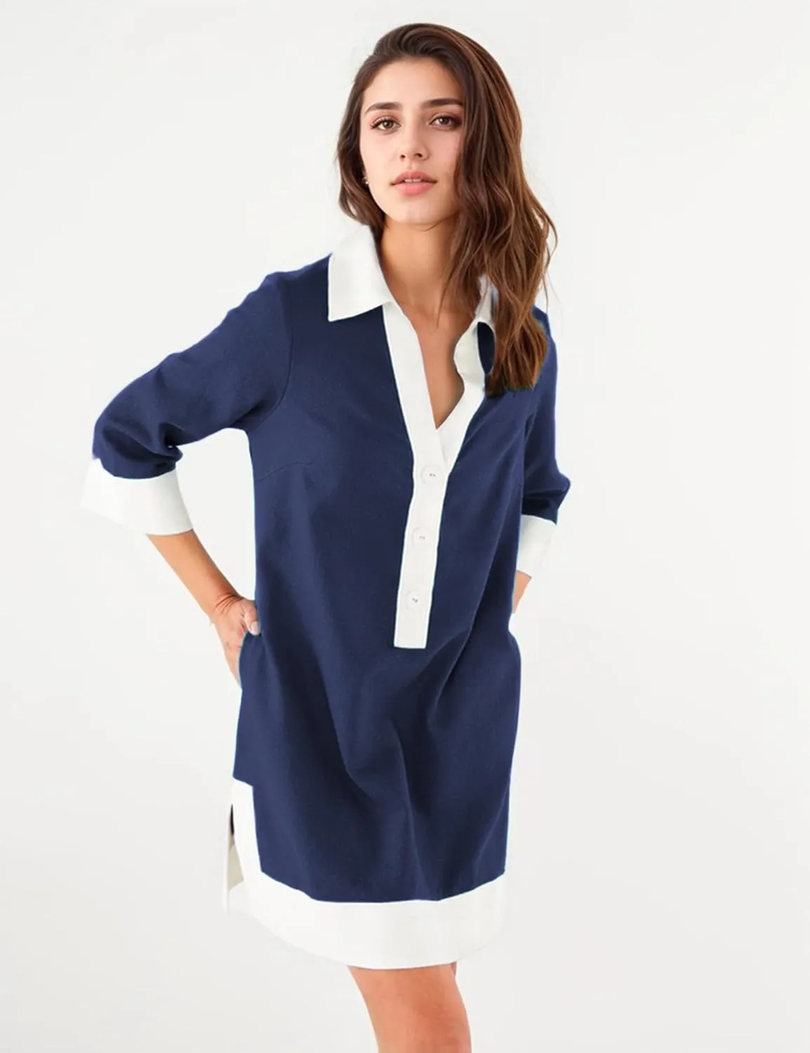 Omoone 2025 Swimsuit Coverup for Women Color Block Summer Beach Dresses V Neck Mini Linen Dress Shirts with Pockets