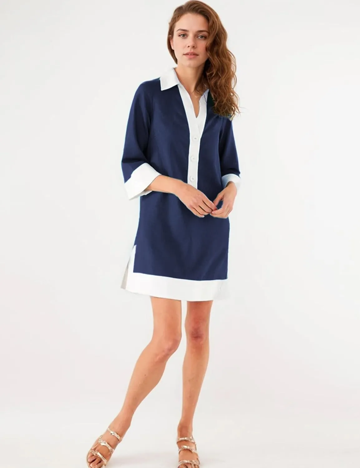 Omoone 2025 Swimsuit Coverup for Women Color Block Summer Beach Dresses V Neck Mini Linen Dress Shirts with Pockets
