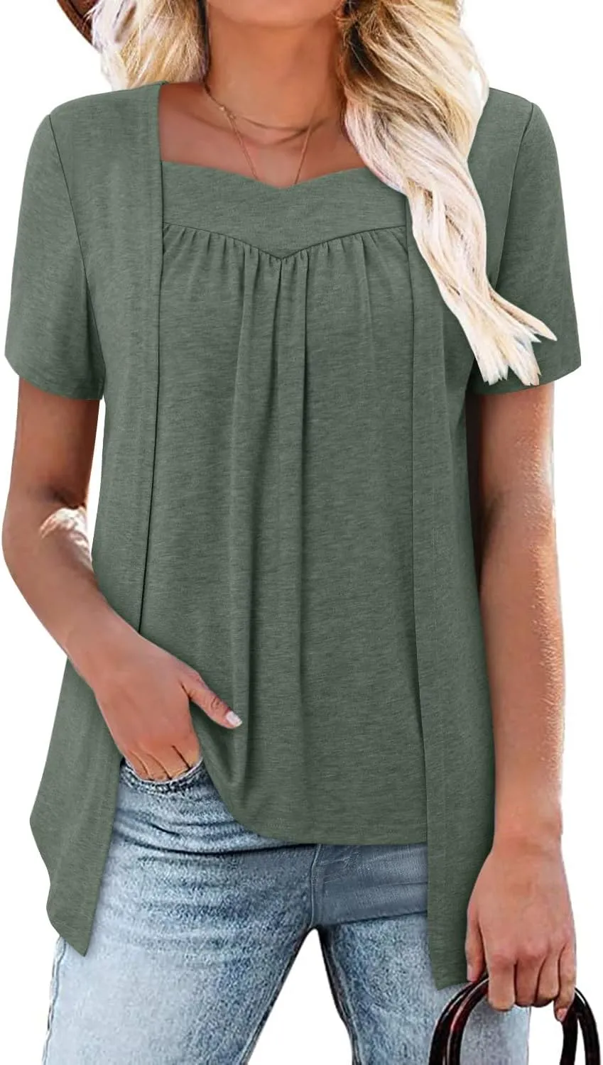 ONLYSHE Womens Shirts Cute Summer Lightweight Tunic Flowy Tops Short Sleeve Blouse Dressy Casual