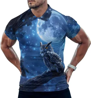 Owl Under Full Moon Mens Polo Shirts Quick Dry Short Sleeve Golf Slim Fit T Shirt