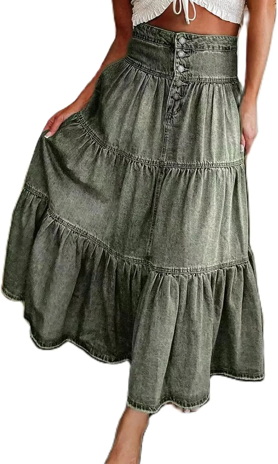 Owl's-Yard Women Y2K Denim Skirt Pleated Tiered Ruffled Hem High Waist Swing A-Line Jeans Maxi Skirt for Club Streetwear