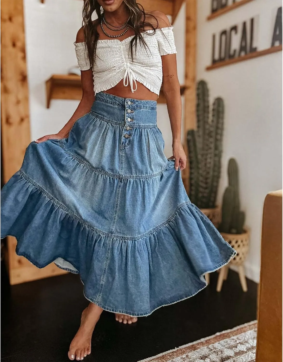 Owl's-Yard Women Y2K Denim Skirt Pleated Tiered Ruffled Hem High Waist Swing A-Line Jeans Maxi Skirt for Club Streetwear