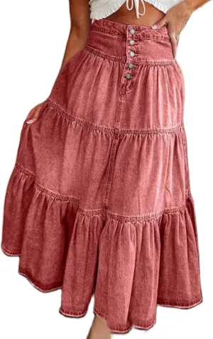 Owl's-Yard Women Y2K Denim Skirt Pleated Tiered Ruffled Hem High Waist Swing A-Line Jeans Maxi Skirt for Club Streetwear