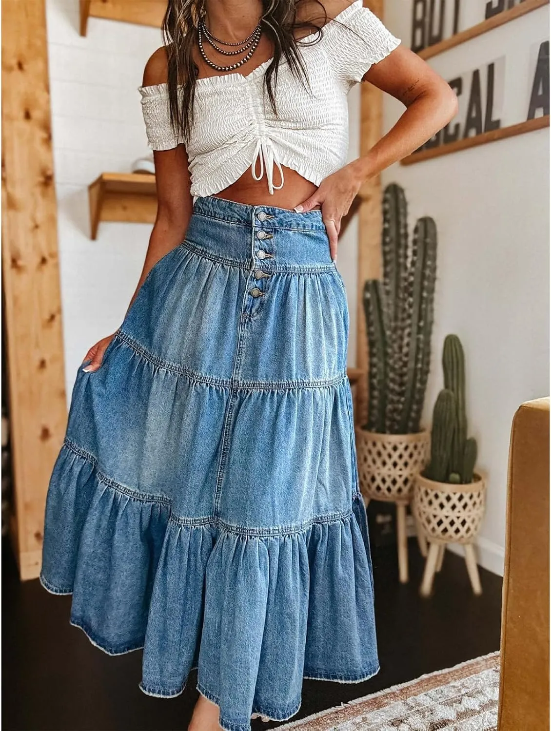 Owl's-Yard Women Y2K Denim Skirt Pleated Tiered Ruffled Hem High Waist Swing A-Line Jeans Maxi Skirt for Club Streetwear