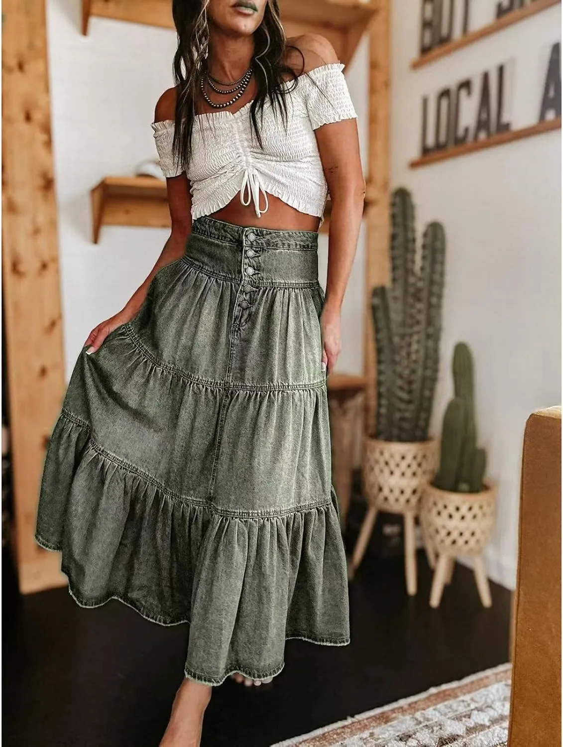 Owl's-Yard Women Y2K Denim Skirt Pleated Tiered Ruffled Hem High Waist Swing A-Line Jeans Maxi Skirt for Club Streetwear