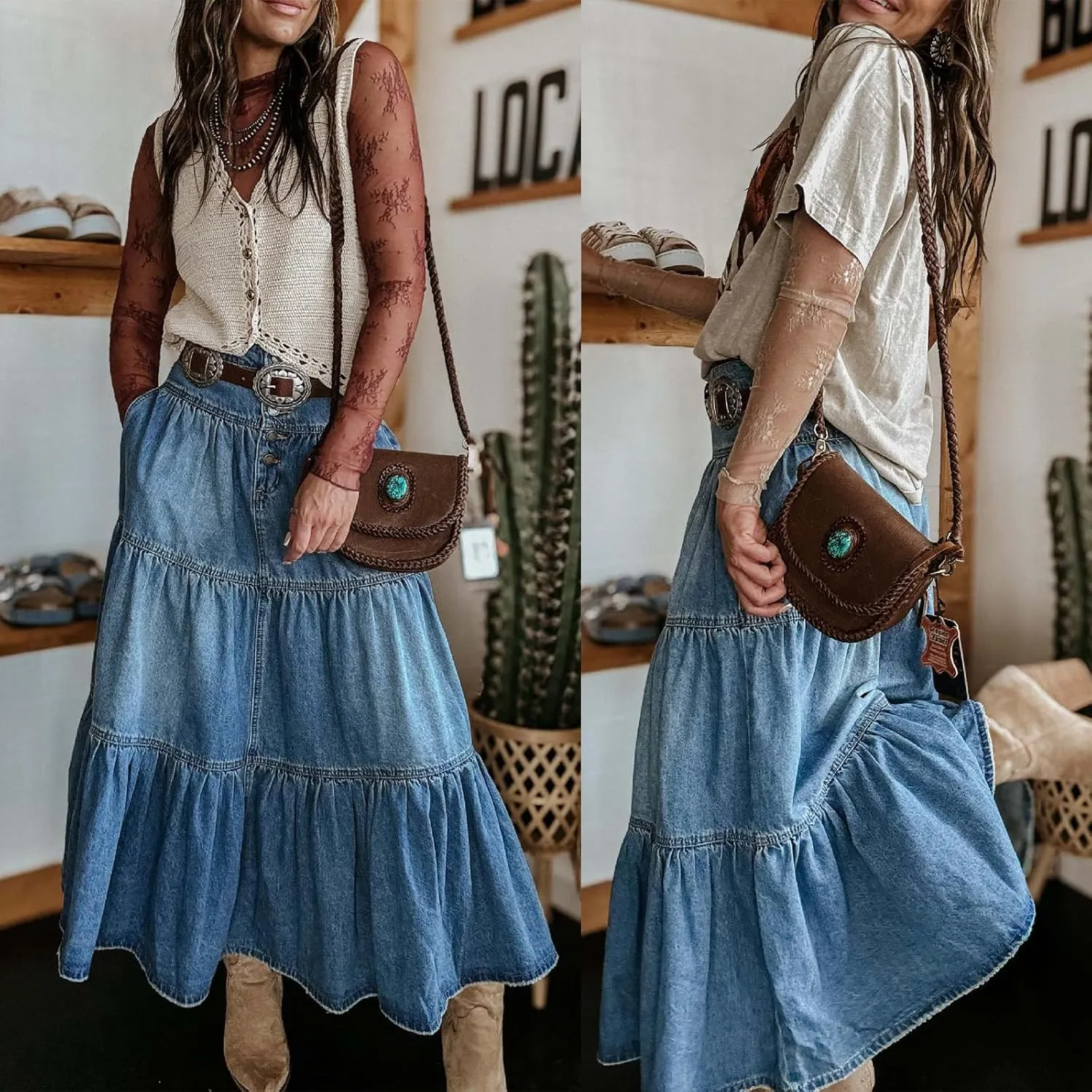 Owl's-Yard Women Y2K Denim Skirt Pleated Tiered Ruffled Hem High Waist Swing A-Line Jeans Maxi Skirt for Club Streetwear