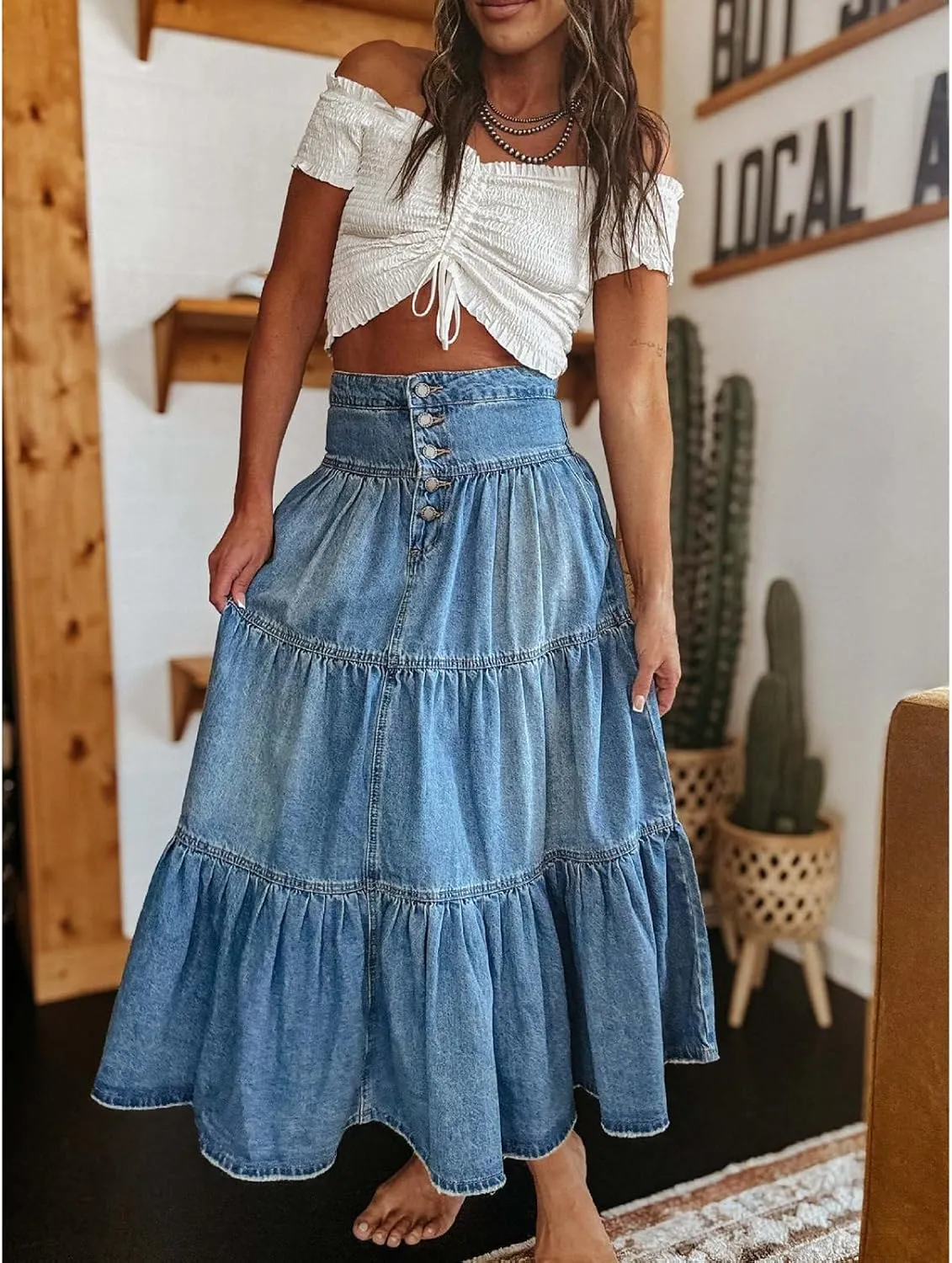 Owl's-Yard Women Y2K Denim Skirt Pleated Tiered Ruffled Hem High Waist Swing A-Line Jeans Maxi Skirt for Club Streetwear