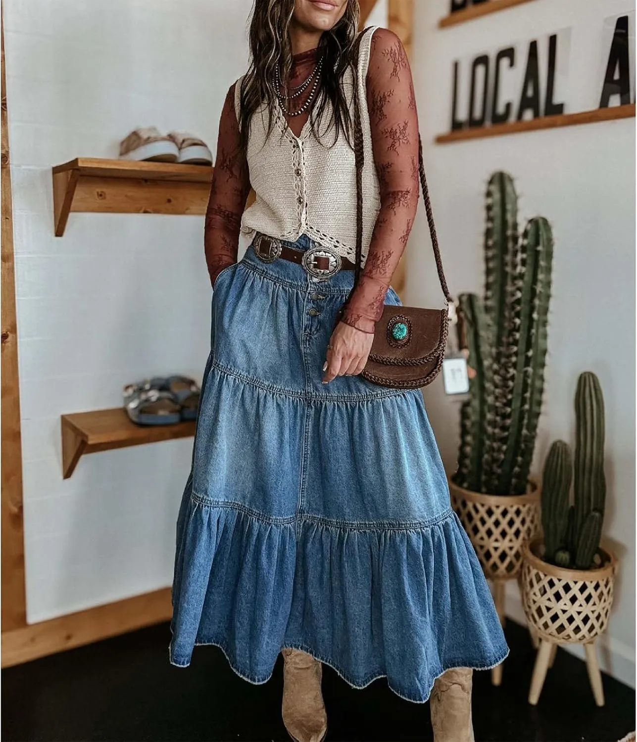 Owl's-Yard Women Y2K Denim Skirt Pleated Tiered Ruffled Hem High Waist Swing A-Line Jeans Maxi Skirt for Club Streetwear