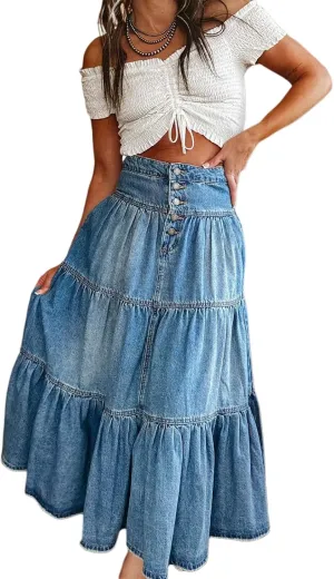 Owl's-Yard Women Y2K Denim Skirt Pleated Tiered Ruffled Hem High Waist Swing A-Line Jeans Maxi Skirt for Club Streetwear