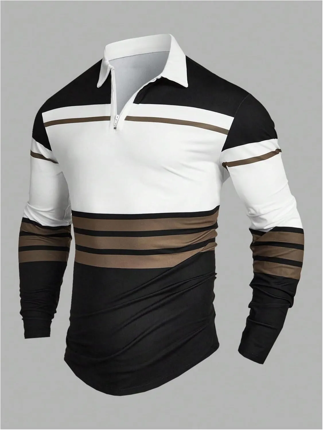 OYOANGLE Men's Colorblock Striped Print Half Zip Long Sleeve Collared Shirt Casual Golf Shirts