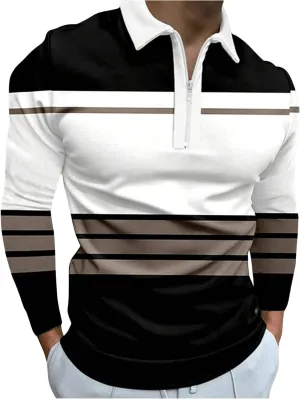OYOANGLE Men's Colorblock Striped Print Half Zip Long Sleeve Collared Shirt Casual Golf Shirts