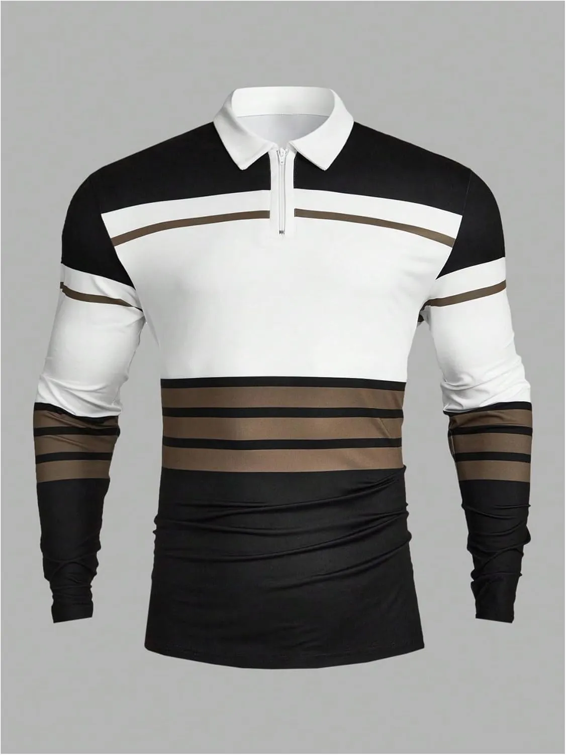 OYOANGLE Men's Colorblock Striped Print Half Zip Long Sleeve Collared Shirt Casual Golf Shirts