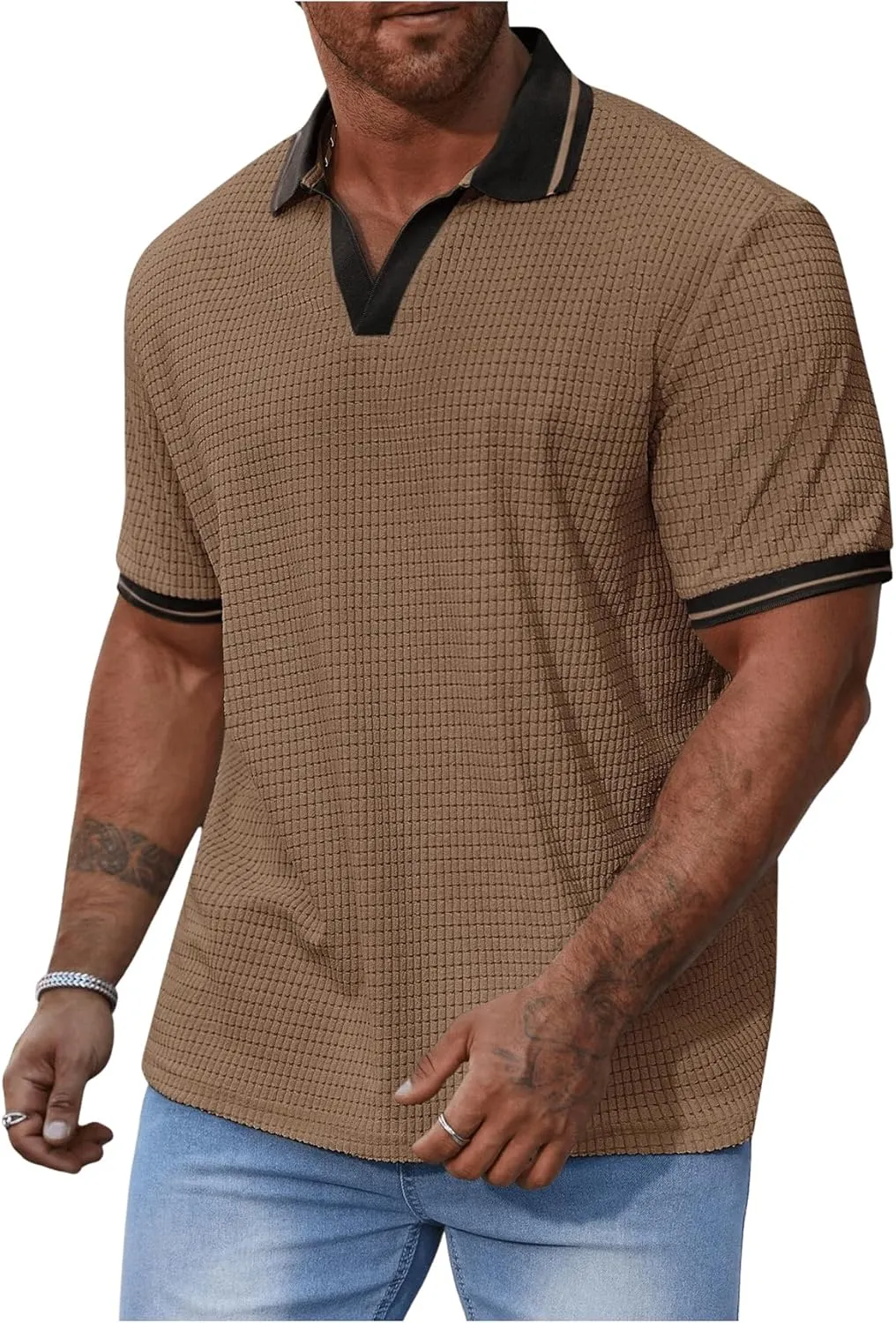 OYOANGLE Men's Plus Size Short Sleeve Knitted Textured Shirt Casual Business Lightweight Golf Shirts