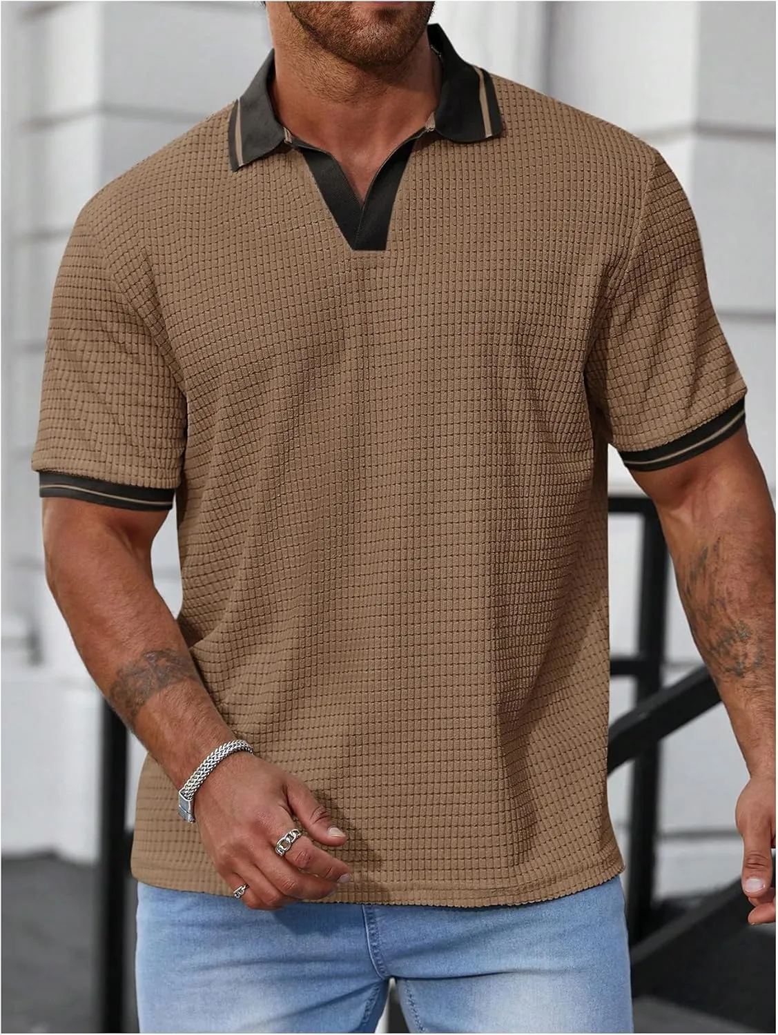 OYOANGLE Men's Plus Size Short Sleeve Knitted Textured Shirt Casual Business Lightweight Golf Shirts