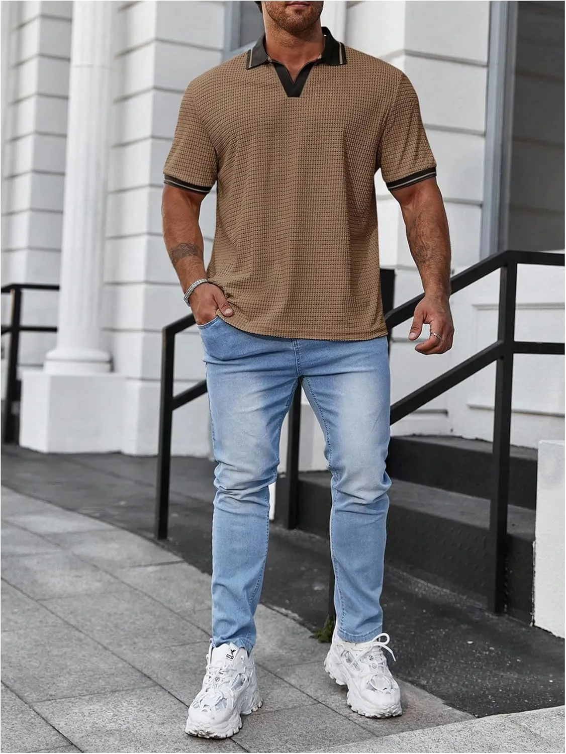 OYOANGLE Men's Plus Size Short Sleeve Knitted Textured Shirt Casual Business Lightweight Golf Shirts