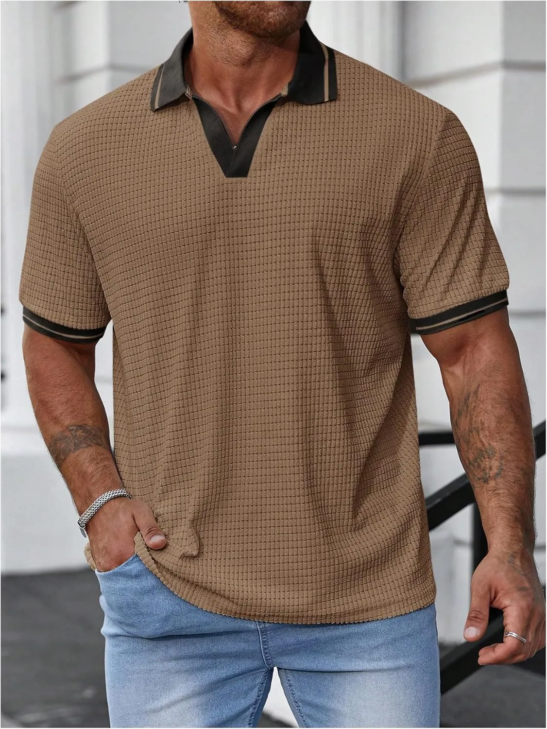 OYOANGLE Men's Plus Size Short Sleeve Knitted Textured Shirt Casual Business Lightweight Golf Shirts