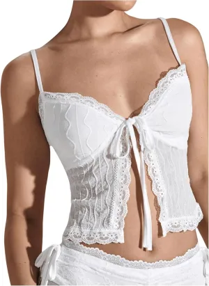 OYOANGLE Women's Lace Cami Tops Sleeveless Tie Front Split Camisole Cute Coquette Crop Top