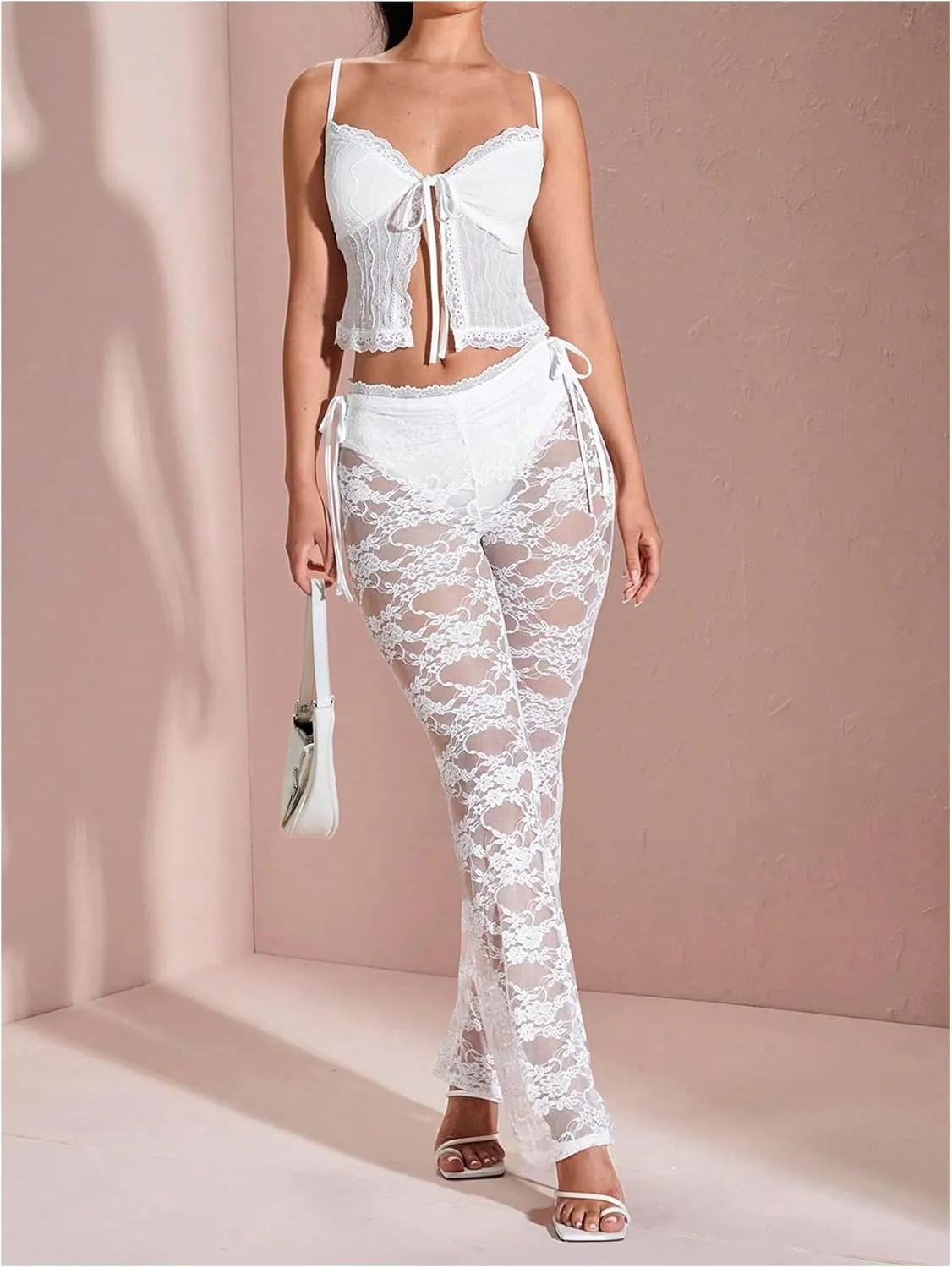 OYOANGLE Women's Lace Cami Tops Sleeveless Tie Front Split Camisole Cute Coquette Crop Top