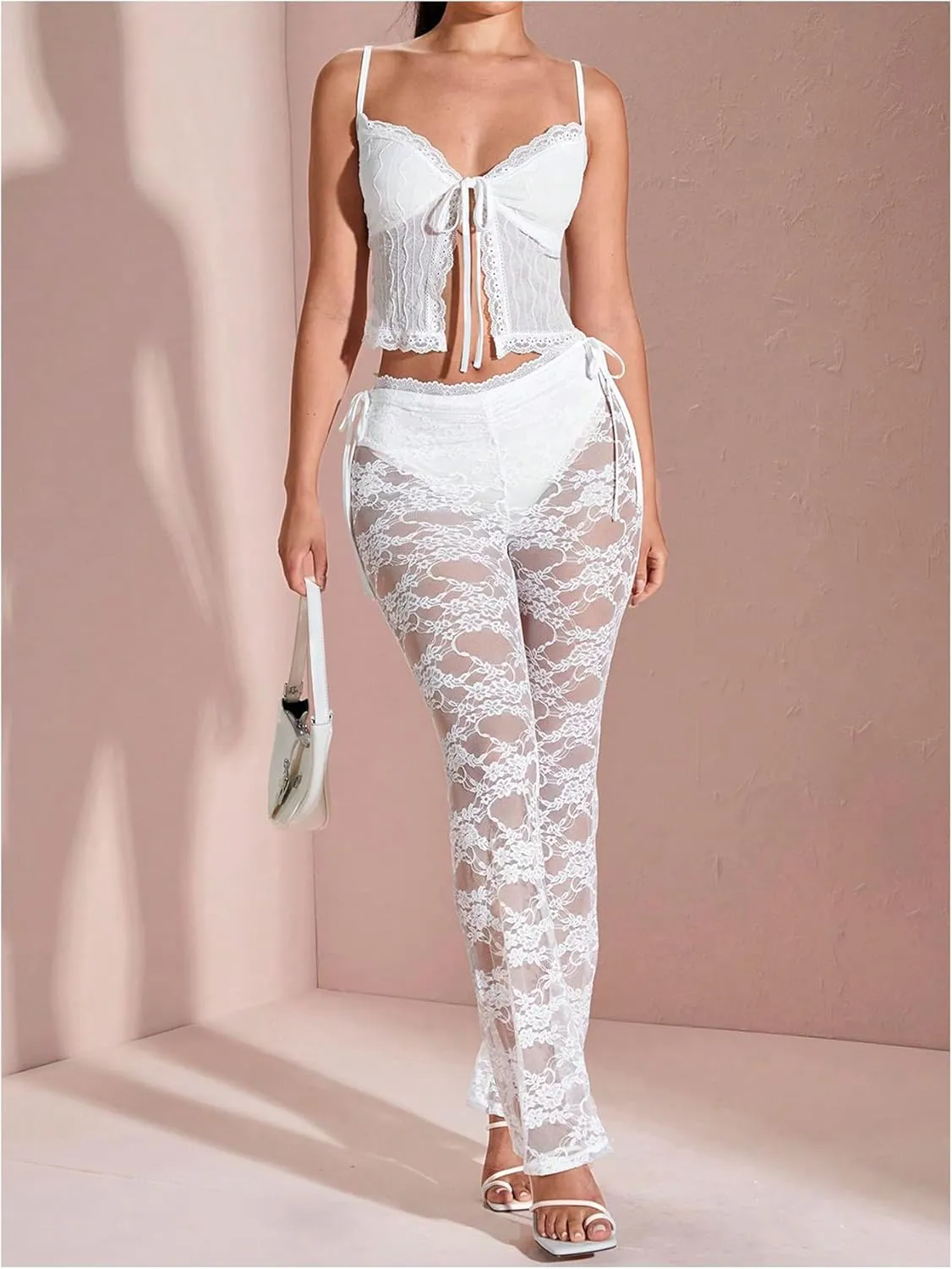 OYOANGLE Women's Lace Cami Tops Sleeveless Tie Front Split Camisole Cute Coquette Crop Top