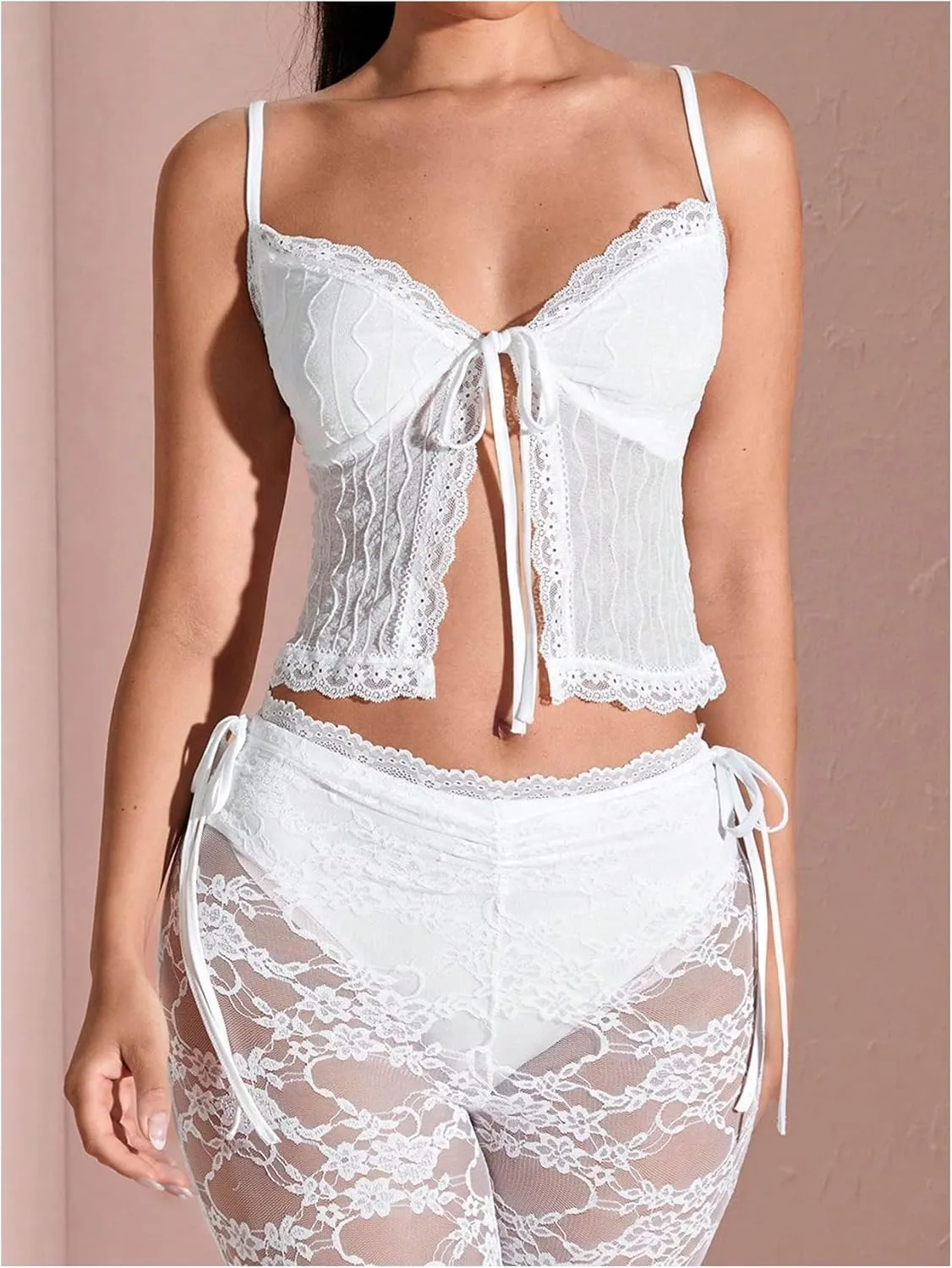 OYOANGLE Women's Lace Cami Tops Sleeveless Tie Front Split Camisole Cute Coquette Crop Top