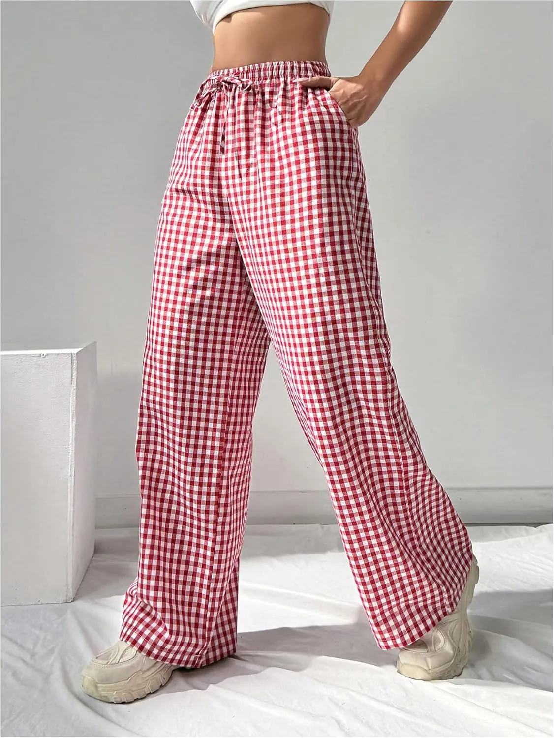 OYOANGLE Women's Plaid Print Drawstring Elastic High Waist Long Pants Y2k Loose Trousers with Pockets