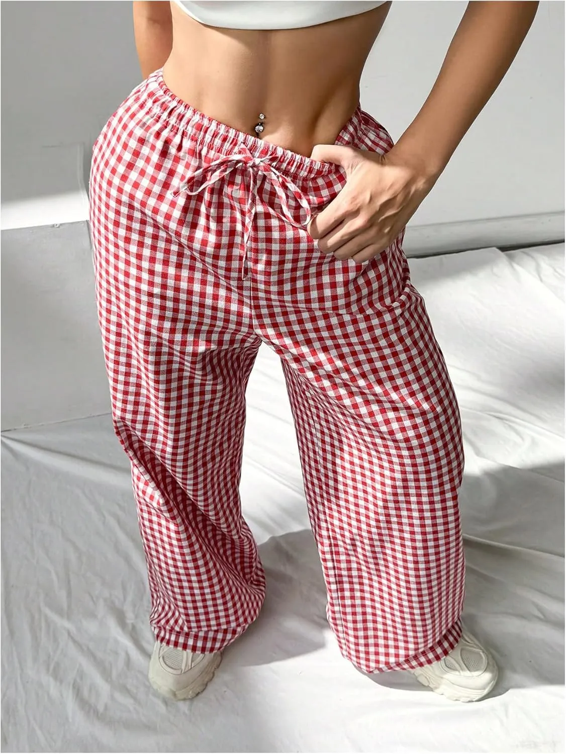 OYOANGLE Women's Plaid Print Drawstring Elastic High Waist Long Pants Y2k Loose Trousers with Pockets
