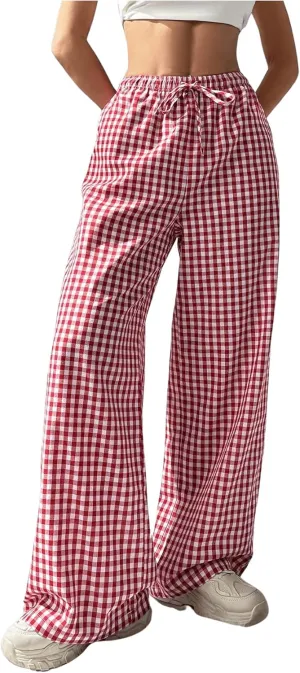 OYOANGLE Women's Plaid Print Drawstring Elastic High Waist Long Pants Y2k Loose Trousers with Pockets