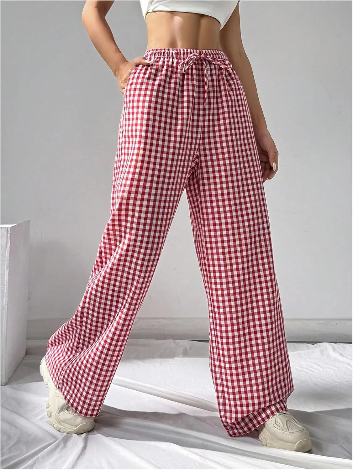 OYOANGLE Women's Plaid Print Drawstring Elastic High Waist Long Pants Y2k Loose Trousers with Pockets