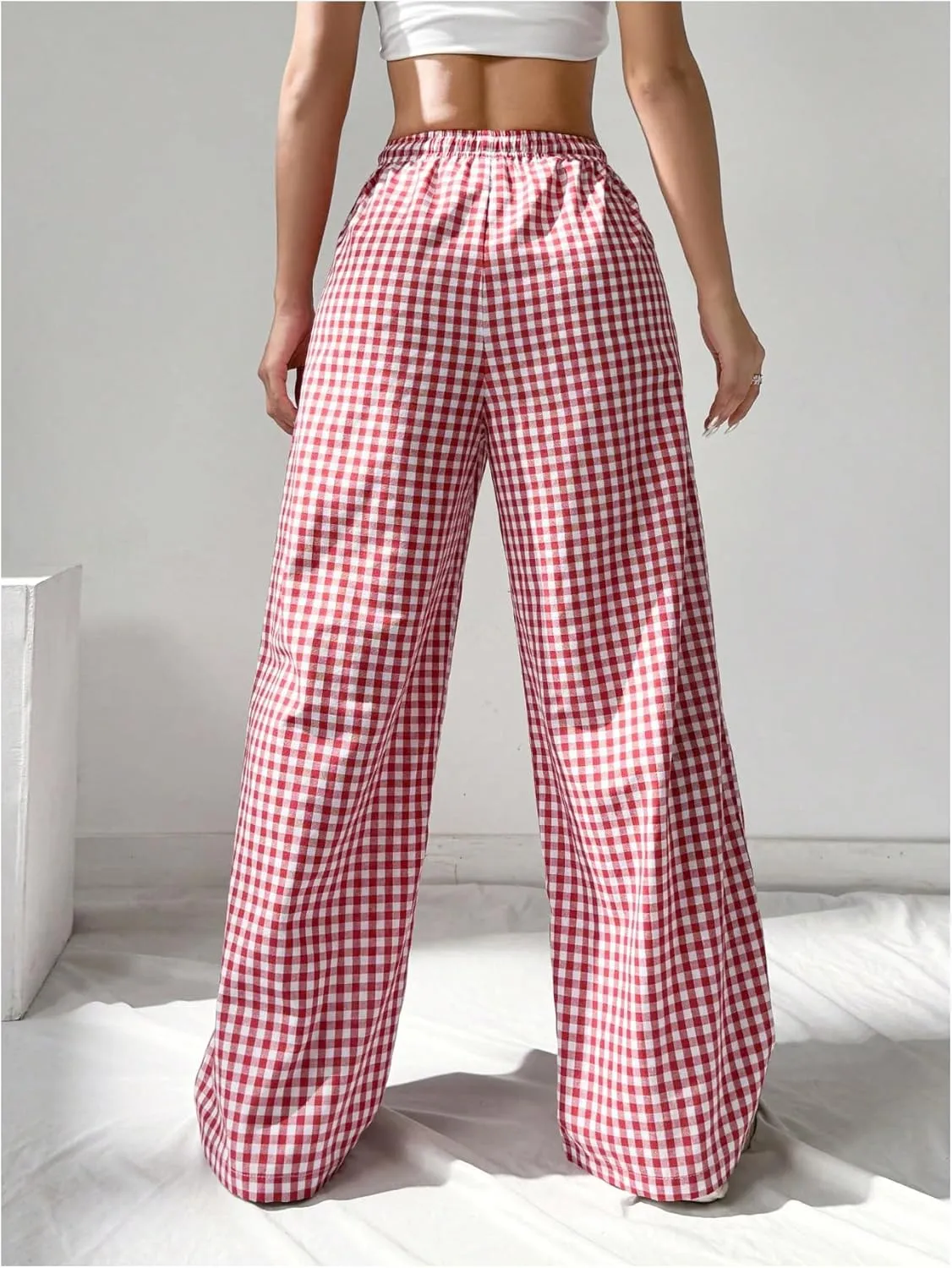 OYOANGLE Women's Plaid Print Drawstring Elastic High Waist Long Pants Y2k Loose Trousers with Pockets