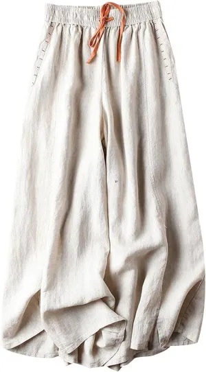 Palazzo Pants for Women Casual Elastic Waist Linen Pants High Waisted Summer Lounge Trousers Beach Vacation Outfits