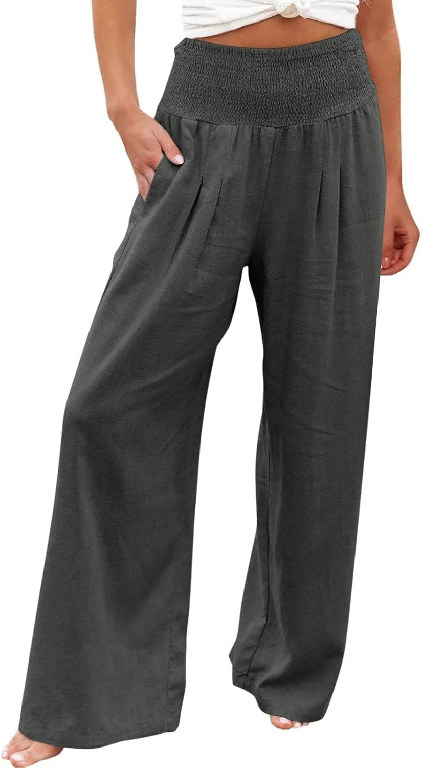 Palazzo Pants for Women Summer Wide Leg High Waist Linen Pants Loose Fitting Casual Flowy Trousers with Pockets
