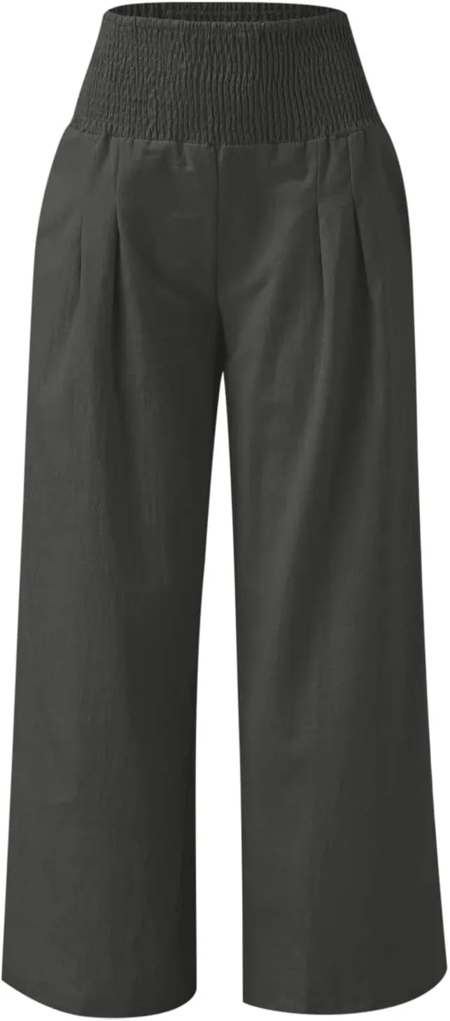 Palazzo Pants for Women Summer Wide Leg High Waist Linen Pants Loose Fitting Casual Flowy Trousers with Pockets