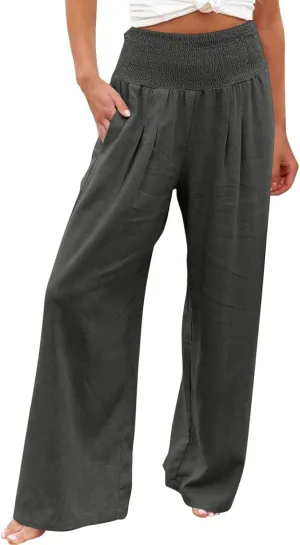 Palazzo Pants for Women Summer Wide Leg High Waist Linen Pants Loose Fitting Casual Flowy Trousers with Pockets