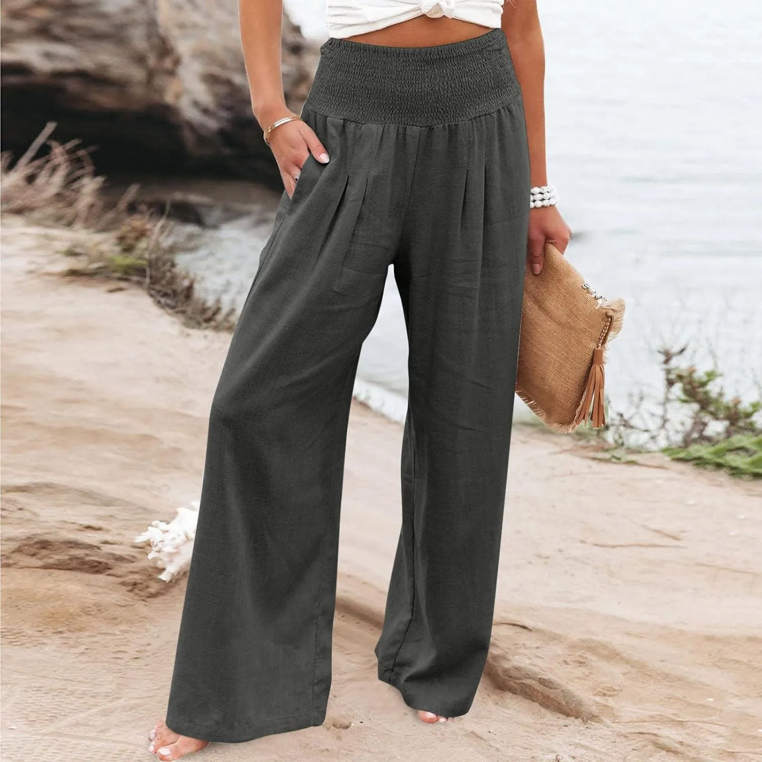 Palazzo Pants for Women Summer Wide Leg High Waist Linen Pants Loose Fitting Casual Flowy Trousers with Pockets