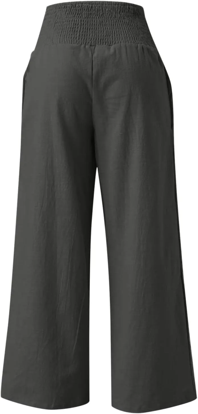 Palazzo Pants for Women Summer Wide Leg High Waist Linen Pants Loose Fitting Casual Flowy Trousers with Pockets