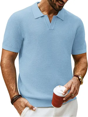 PJ PAUL JONES Mens Polo Shirts Short Sleeve V Neck Knit Textured Polo Knitted Golf Shirt