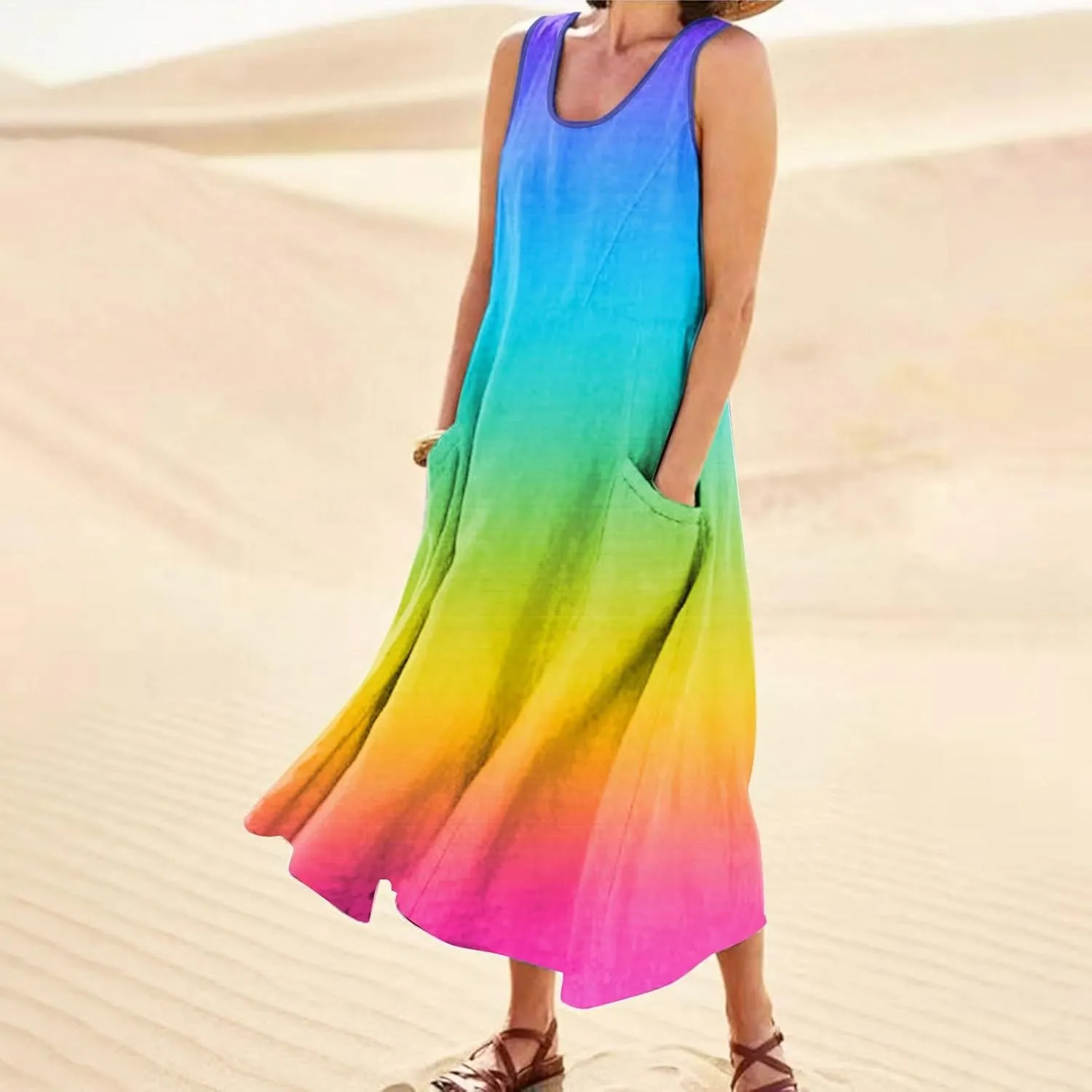 Plus Size Summer Dresses U Neck Sleeveless Sundress A-Line Floral Print Boho Dress Casual Beach Dress with Pockets